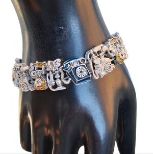 Vintage Silver Tone Telephone Charm Bracelet Retro Rotary Phone Kitsch Jewelry